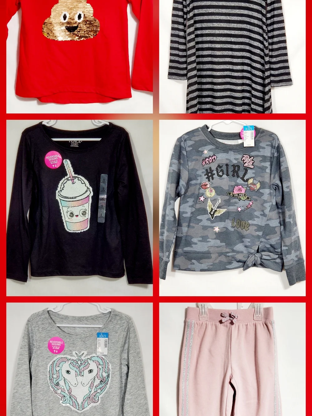 NWT Childrens Place Girls Size 5/6 Mixed Tops & Jogger 6 Piece Set